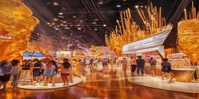 蜜芽2026年超级品牌日活动现场，金色装饰的展台陈列着全球精选母婴商品，妈妈们热情选购，氛围温馨热烈