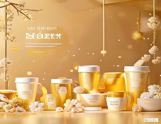 蜜芽母婴跨境电商平台展示页面，金色暖调画面中陈列着全球精选奶粉、纸尿裤、玩具等母婴好物，温馨专业的购物氛围
